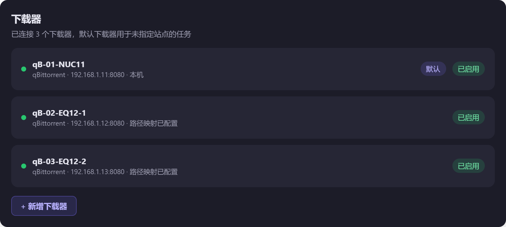 图 3 下载器列表。名称前的小绿点代表连接成功;只有主控机上那台亮着「默认」。