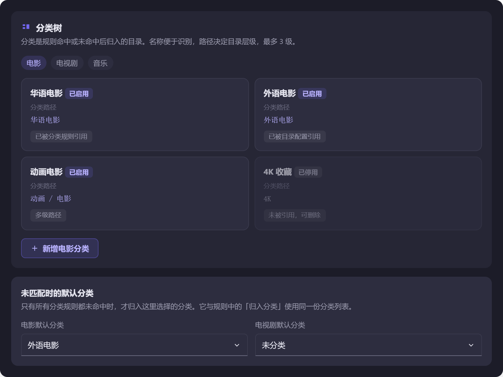 图 11 分类树。每个分类卡片显示名称、状态、分类路径,以及它被谁引用(规则 / 目录 / 默认分类)。