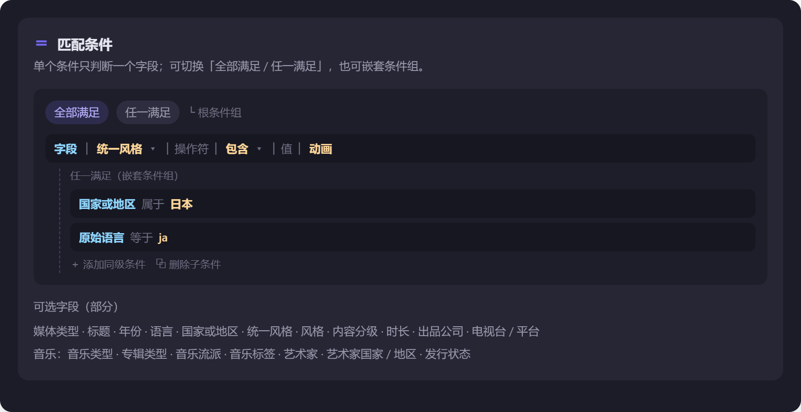 图 13 条件构建器。国家、语言、风格这类字段可以直接搜名称选,系统自动存对应代码;「来源风格」这类没有固定字典的字段按原值填。