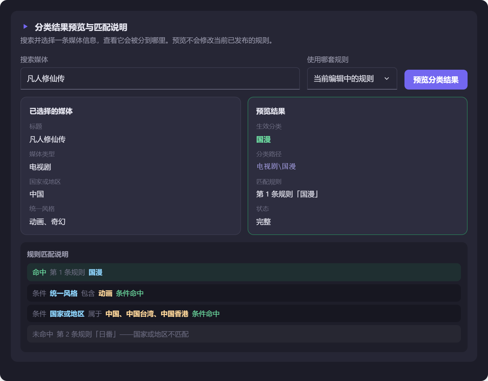 图 14 结果预览。左边是媒体信息,右边是结论,下方逐条列出每个条件是否命中、哪条规则先命中。
